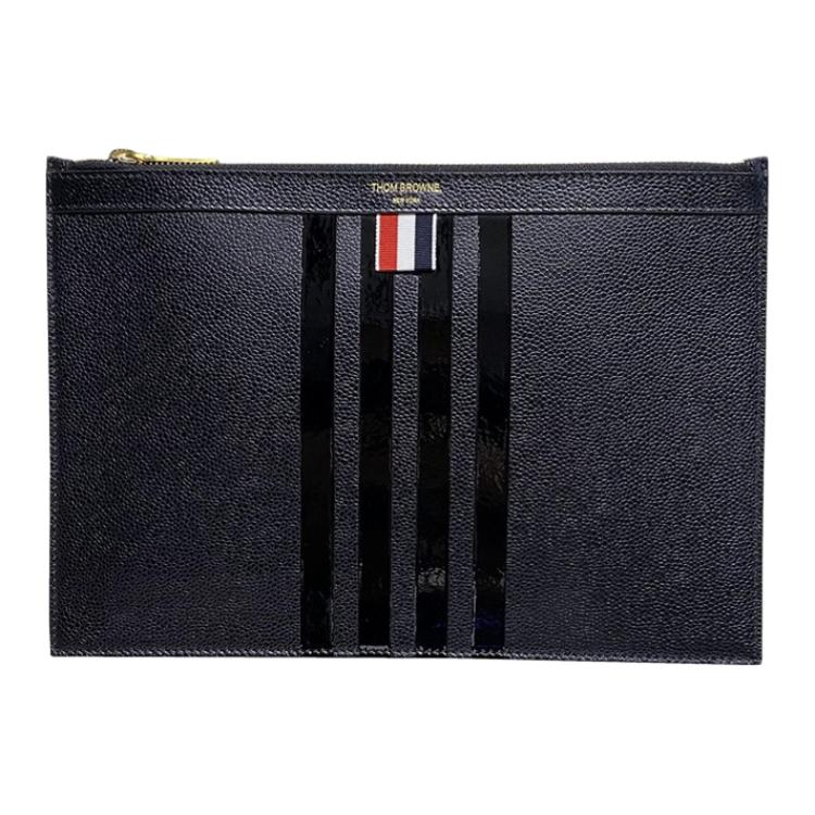 THOM BROWNE Classic leather hand loop bag with zipper, black small clutch bag, three colors