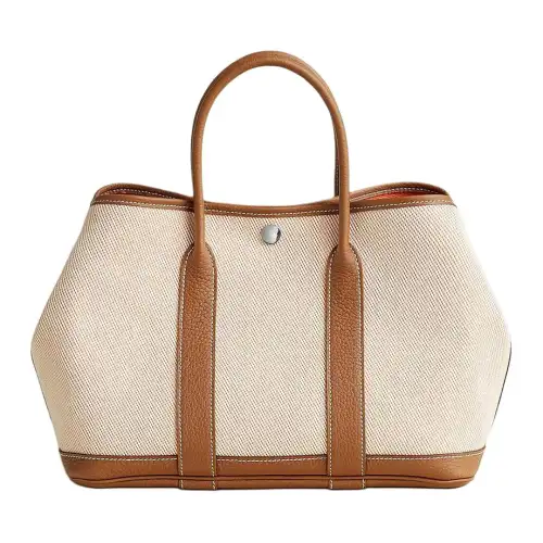 HERMES Garden Party Officier Canvas With Negonda Calfskin Handbag 30 Women's Ecru & Brown