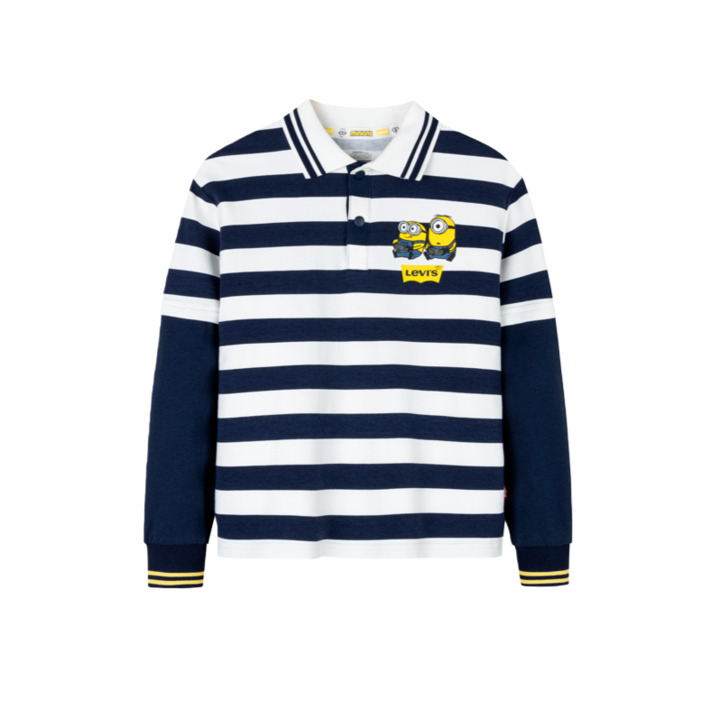 Levi’s children’s tops x MINIONS Minions IP joint model cartoon printed striped long-sleeved fake two-piece POLO shirt dark blue teenagers