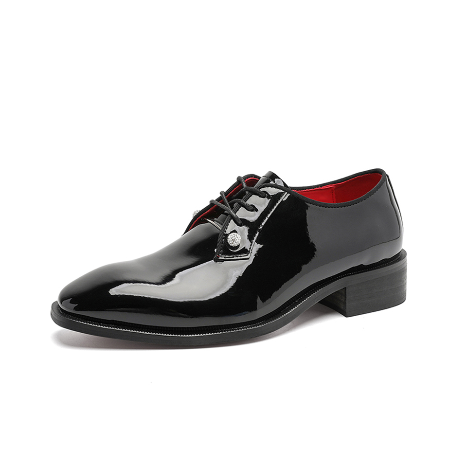 Langsha black mirror studded diamond red sole glossy derby shoes. Luxurious and high-quality groom and wedding shoes. Show elite style when walking. Create a neat and elegant gentleman style. All-purpose for business commuting and banquets. Formal leather shoes, men's style.