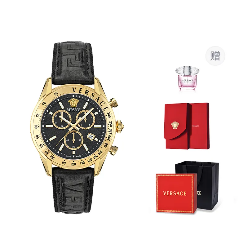 VERSACE Versace, leather quartz watch strap, black dial, men's watch, perfume, gift box, universal sports calendar, quartz mechanism, three-eye chronograph, for beloved