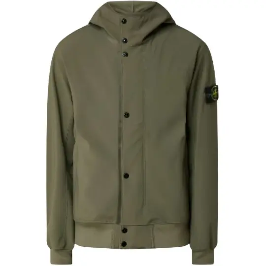 STONE ISLAND SS26 однобортная мужская куртка с капюшоном и длинными рукавами из мягкой оболочки с логотипом