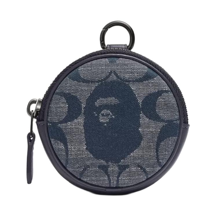 COACH X BAPE BLACK Collaboration Chambray With Glove Tanned Leather Coin Purse Mini Unisex Denim Blue