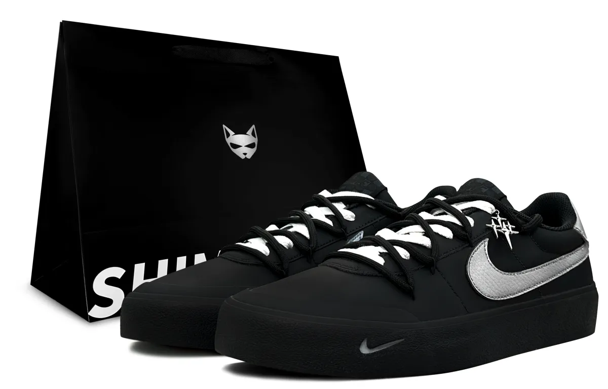 Nike Court Shot Divergent Electromagnetic Wave, Shimmery Cat Low top Skateboard Shoes Men's Black Silver