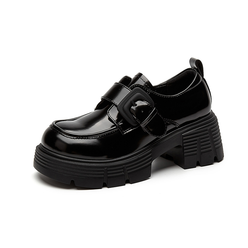 DAPHNE Classic fashion British style small leather shoes heightening single shoes One-step commuting thick heel round toe not tiring the feet Cow split leather French shallow mouth college style jk sweet comfortable versatile and lightweight loafers 6cm women