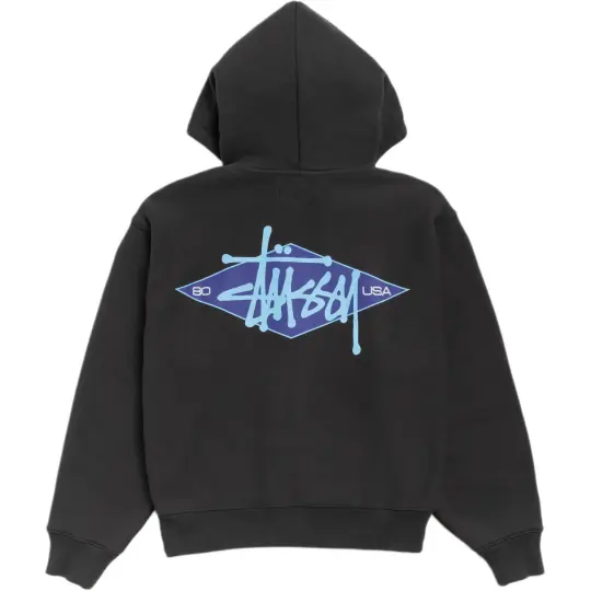 Толстовка Stussy SS26 BASIC DIAMOND ZIP HOODIE с логотипом и кулиской, застежкой-молнией и ребристыми краями, толстовка с капюшоном для мужчин и женщин.
