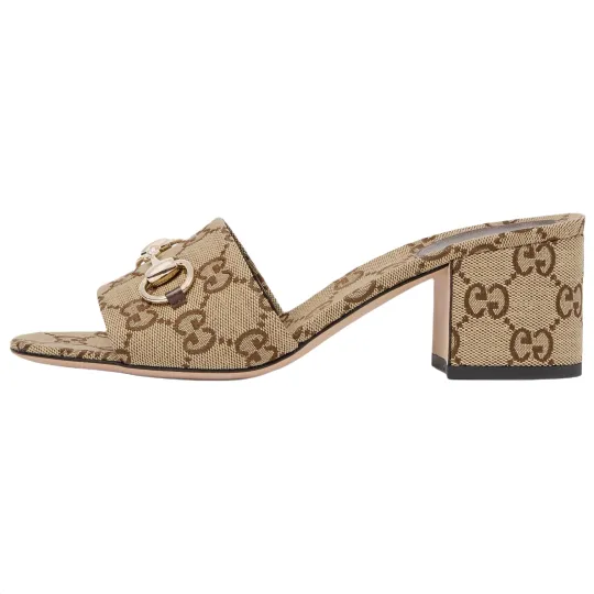 GUCCI Horsebit Slide Slippers 5.5cm Women's Camel & Dark Brown