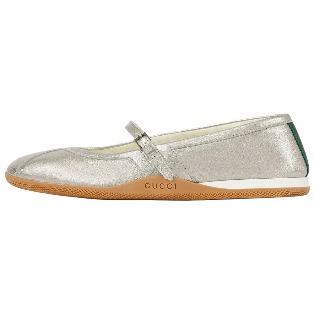 GUCCI Shift Leather Flat Mary Jane Shoes 1CM Women's Silver