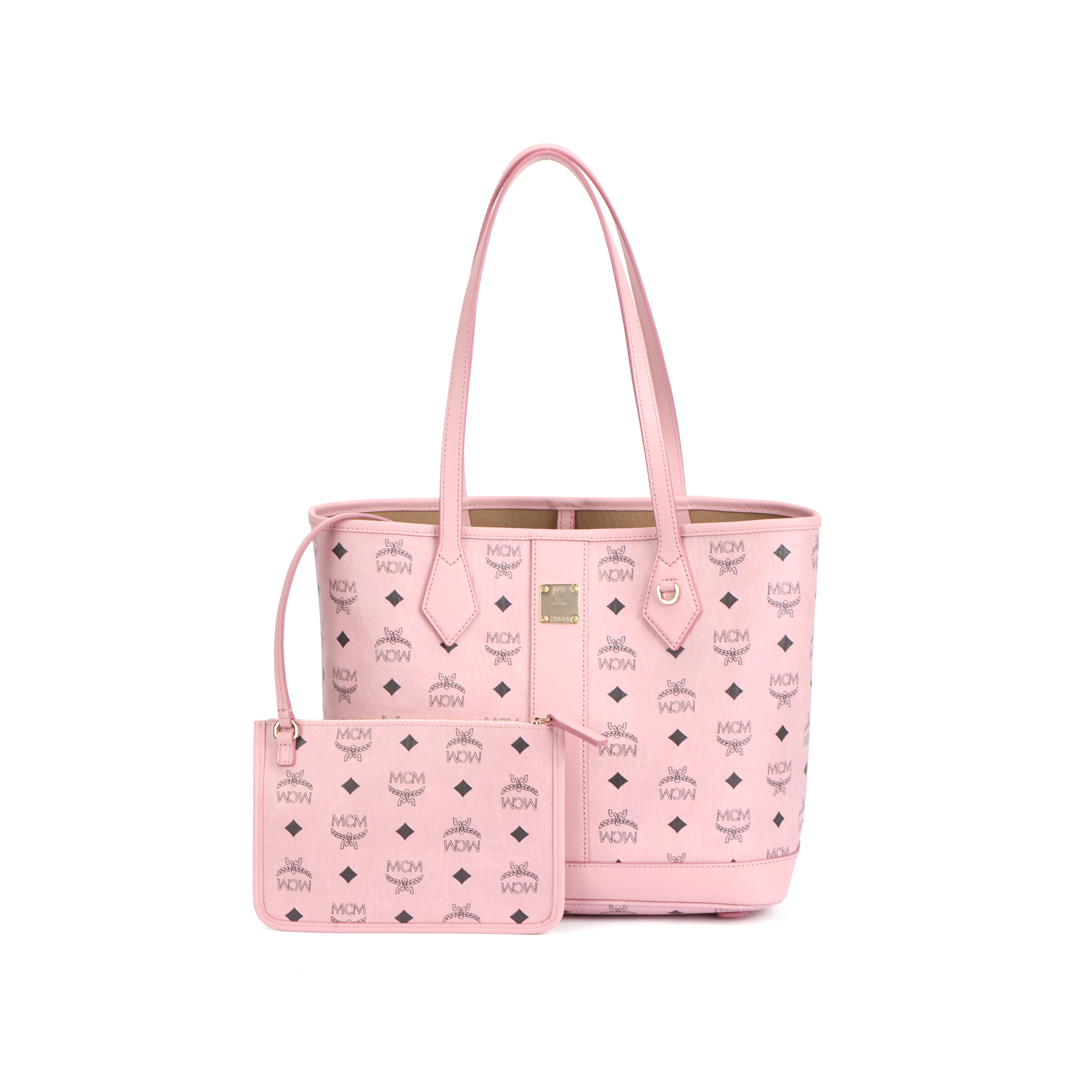 MCM Liz Visetos new version removable inner bag Logo brass nameplate D-ring buckle Tote bag Tote bag shopping bag Visetos classic pattern artificial leather hand-held shoulder bag small size women's pink
