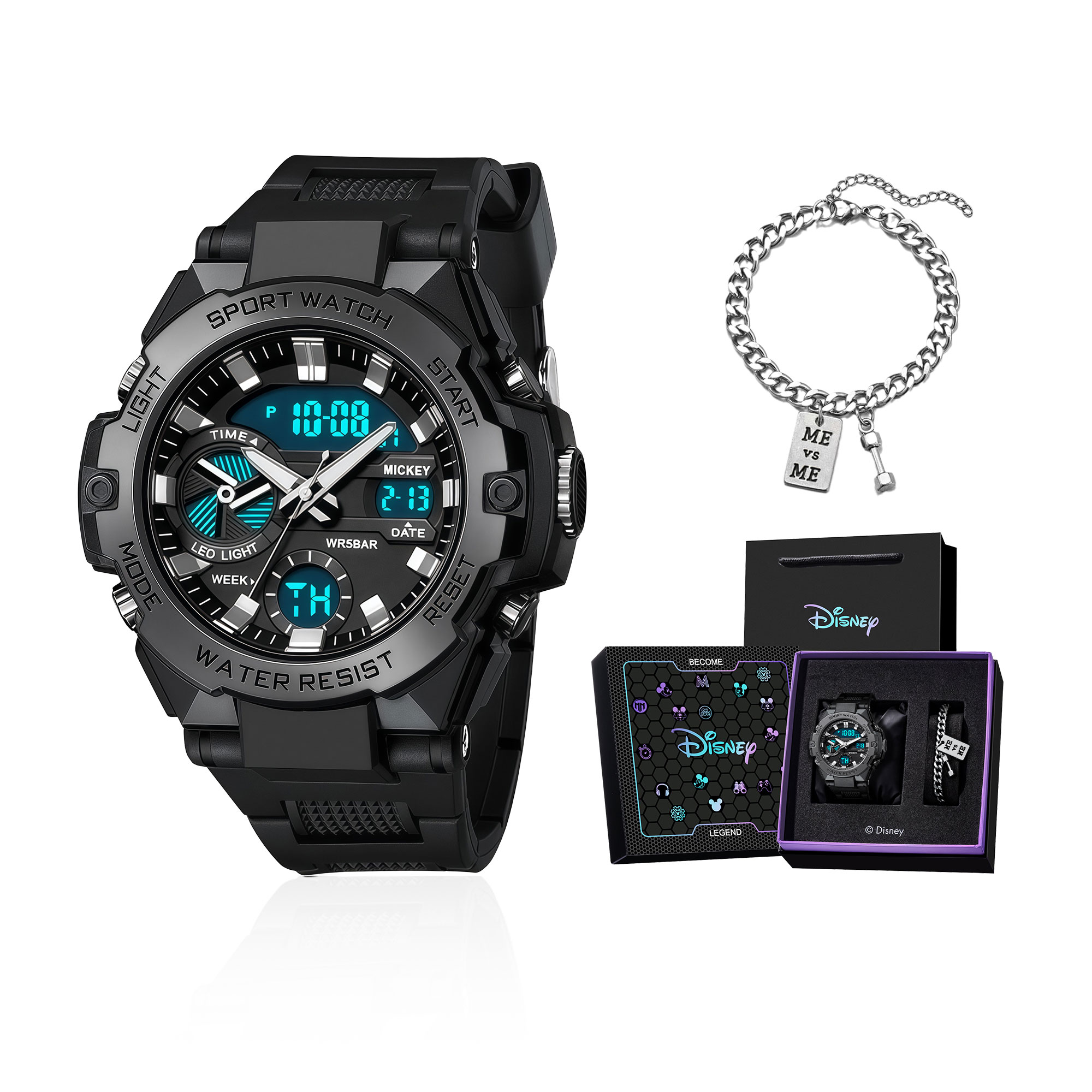 Disney Disney, classic sports watch, waterproof electronic quartz light watch, watch strap, men's watch, black dial for students, neon gift box, quartz mechanism