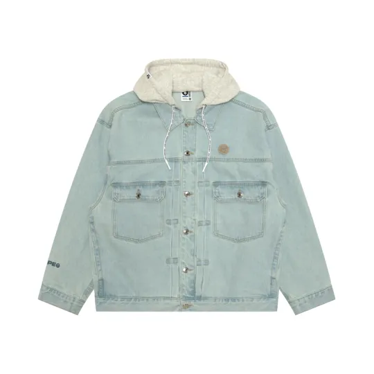 Мужская джинсовая куртка Aape SS26 со съемным капюшоном и маленькой этикеткой, голубая