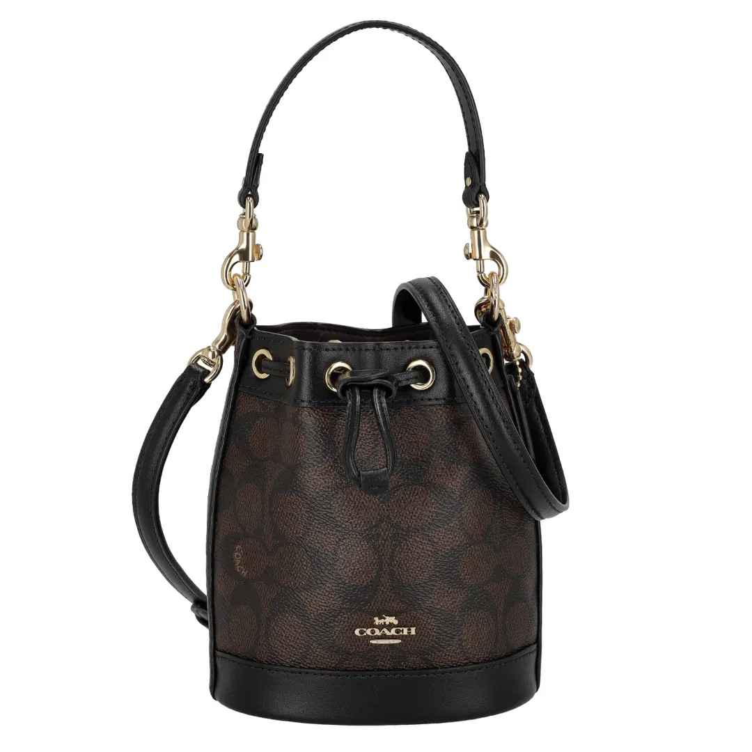 COACH Dempsey PVC With Leather Bucket Bag, Shoulder Bag, Crossbody Bag, Handbag Mini Women's Dark Brown
