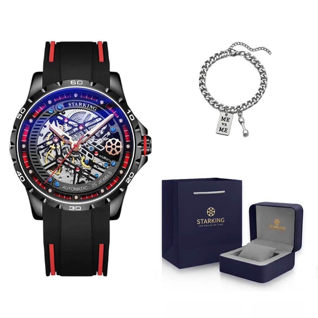 STARKING Automatic Mechanical Movement Rubber Strap Watch Men's Watches Black Dial 50m Waterproof