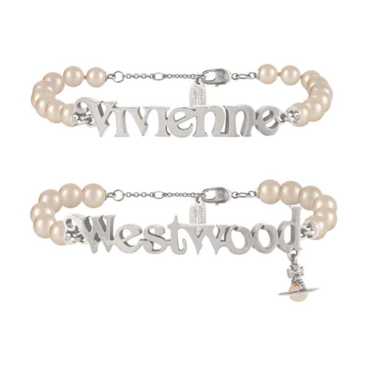 Vivienne Westwood Amelia Saturn Font Pendant Design Pearl Double Bracelet Pair Women's Silver