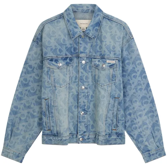 CALVIN KLEIN Jeans модная мужская хлопковая светло-голубая джинсовая куртка с полным принтом в американском стиле ретро