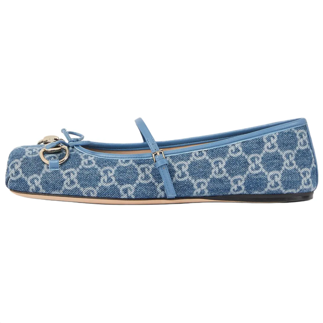 GUCCI Horsebit Denim, Leather Flat Mary Jane Shoes Women's Blue