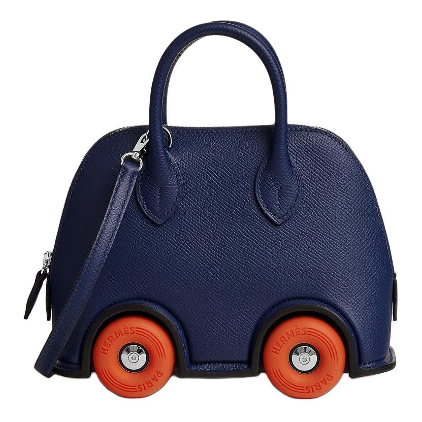 HERMES Bolide Epsom Calfskin Bowling Bag, Handbag Regular Unisex Sapphire Blue/Orange