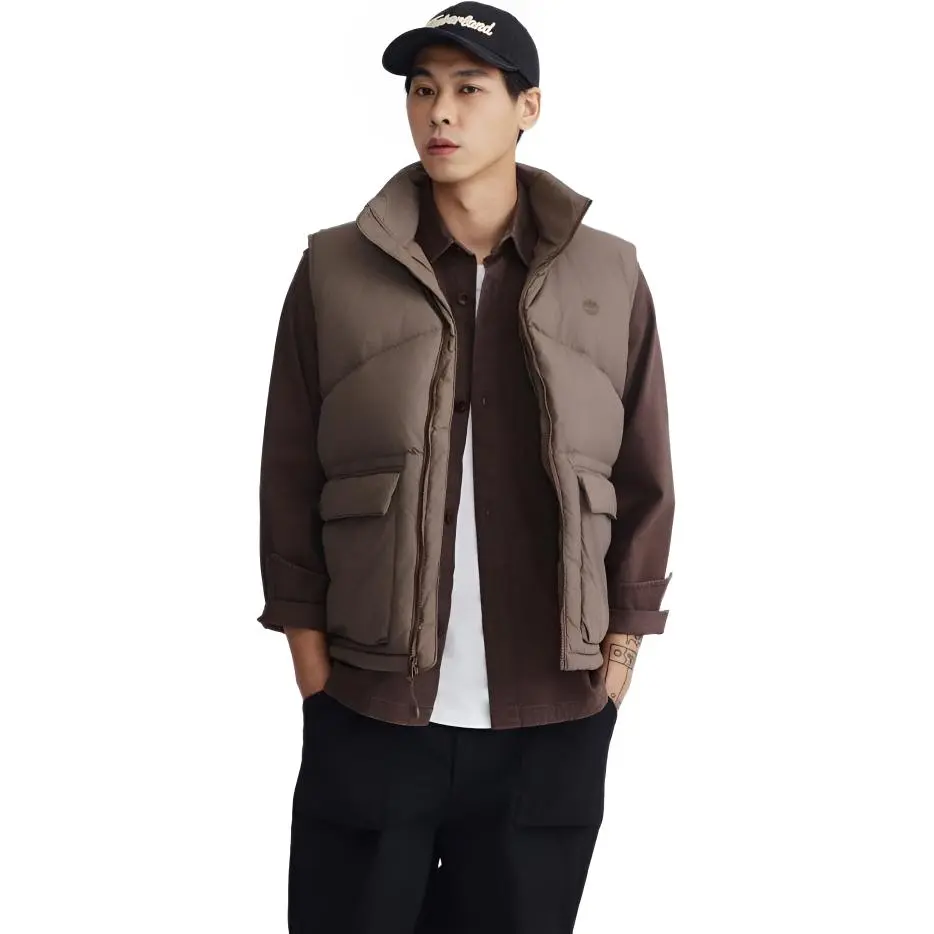 Timberland Down Vests Men's Brown Stand Collar Moderate Workwear