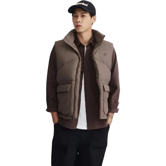 Timberland Down Vests Men's Brown Stand Collar Moderate Workwear