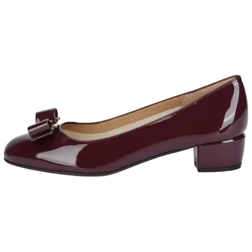 FERRAGAMO Vara Patent Leather Chunky Heel Bowknot High Heels 3.5cm Women's Burgundy