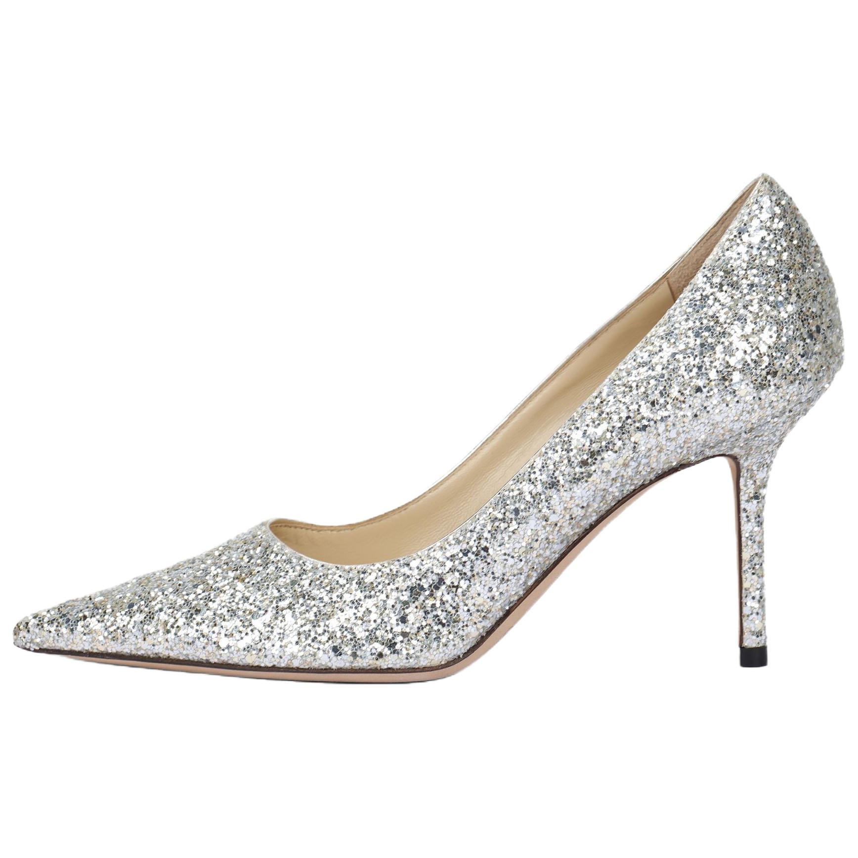 Jimmy Choo LOVE 85 Zhou Yangjie Leather Slim Heel High Heels Women's White Silver