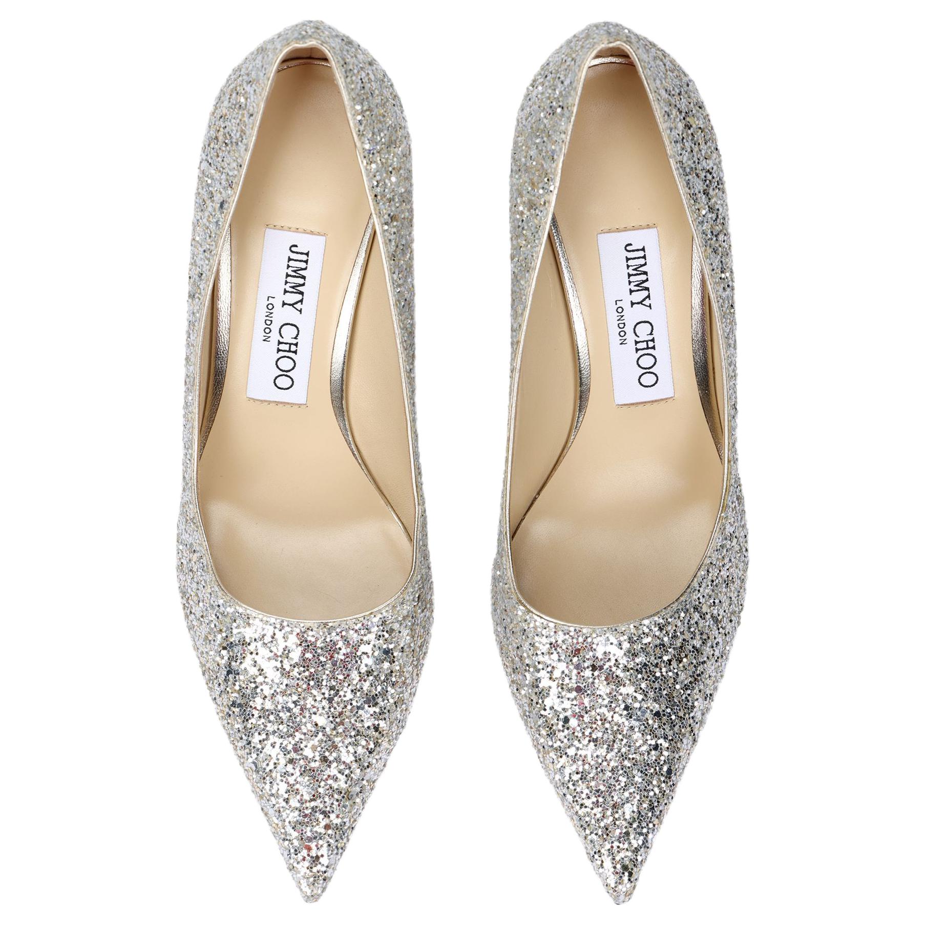 Jimmy Choo LOVE 85 Zhou Yangjie Leather Slim Heel High Heels Women's White Silver