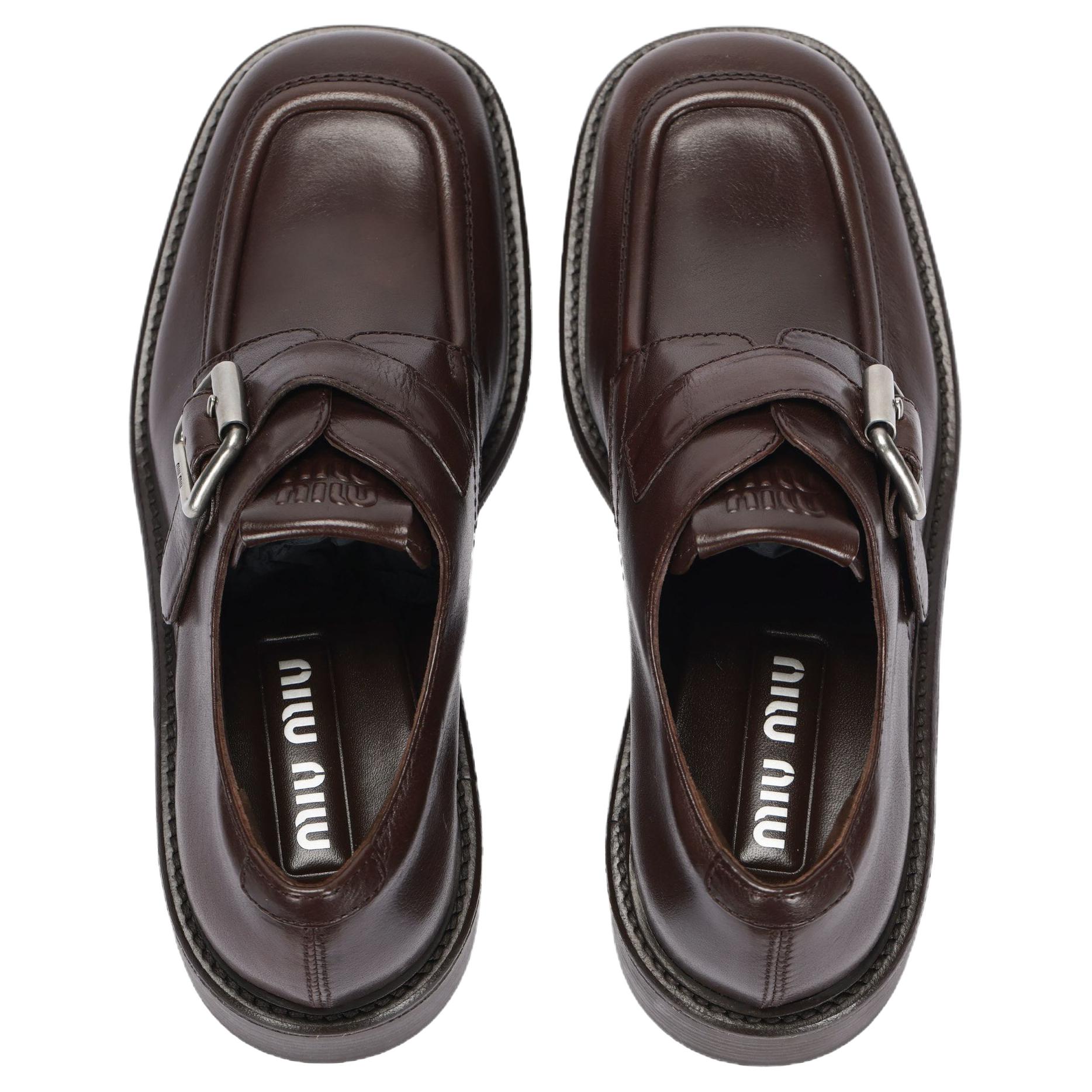 Женские туфли MIU Leather Square Toe (темно-коричневые) — фото 3
