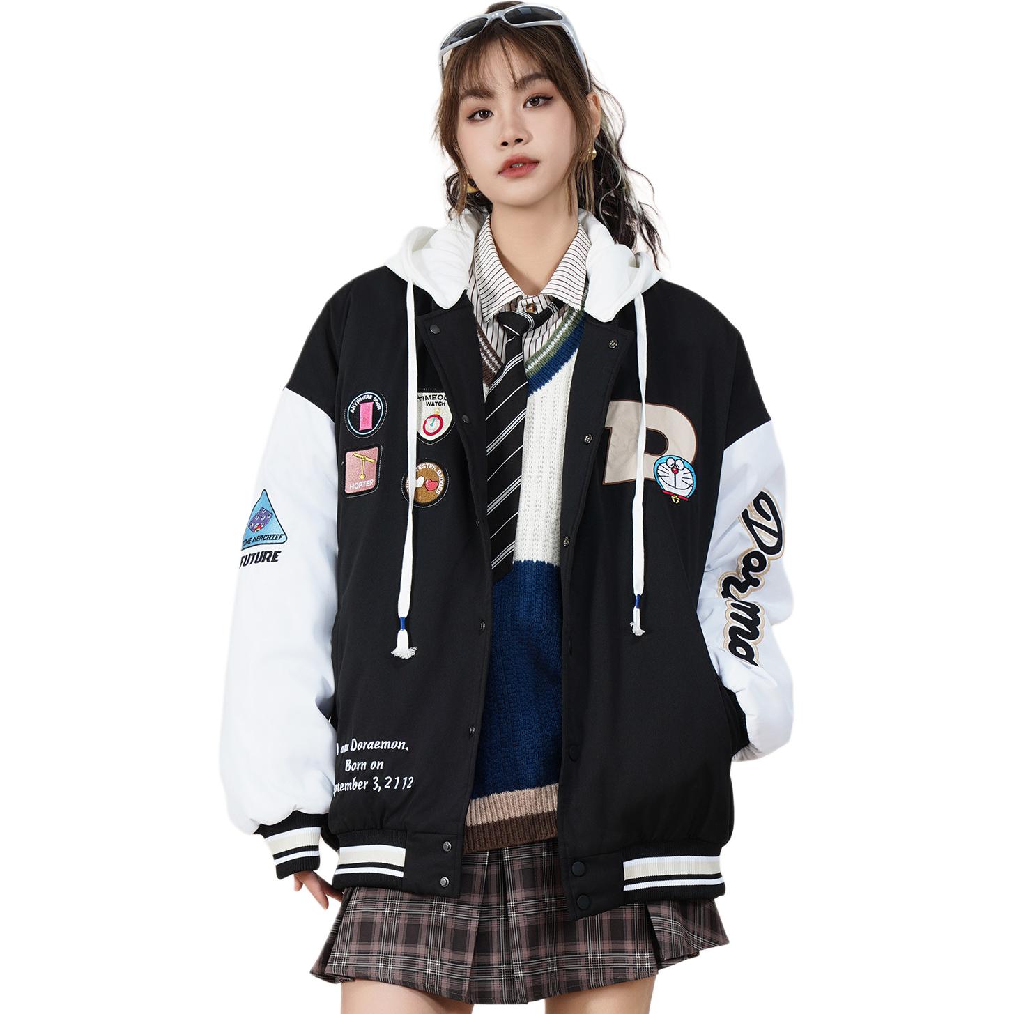 Doraemon Puffer Jackets Unisex Detachable Hood Thickened Baseball Puffer Jacket