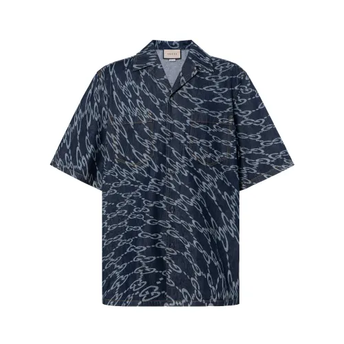GUCCI Wave Shaped Gg Laser Printed Denim Shirt Men's Blue