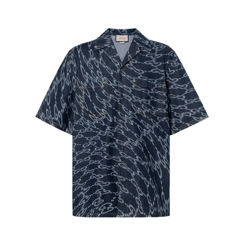 GUCCI Wave Shaped Gg Laser Printed Denim Shirt Men's Blue