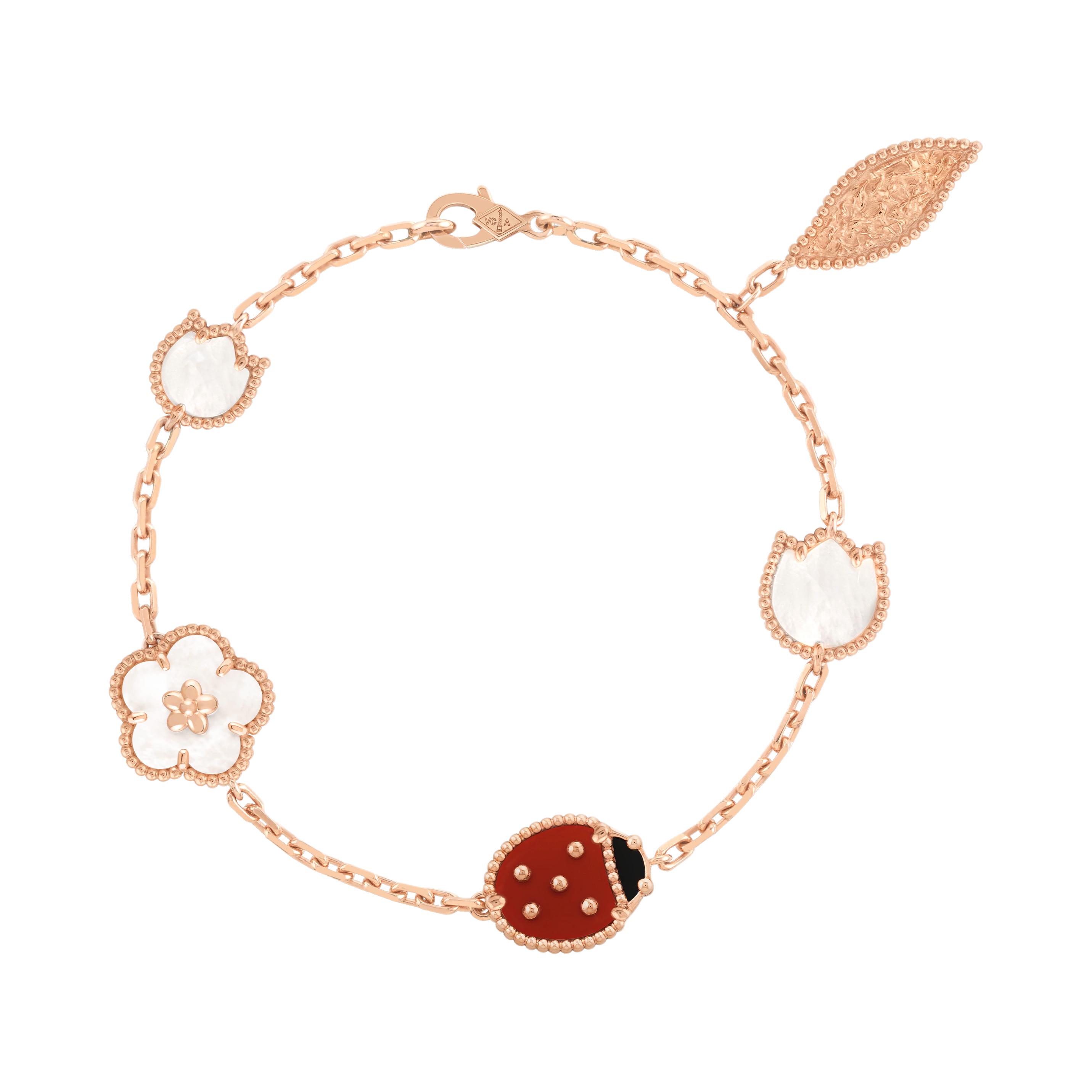 Van Cleef & Arpels Van Cleef & Arpels Lucky Spring Series Vibrant Spring Flower 18K Gold Mother of Pearl, Carnelian, Onyx Bracelet Unisex Couple Model Rose Gold