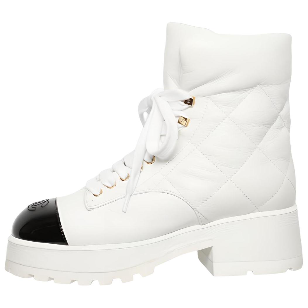 CHANEL Quilted Lace Up 50mm Combat Boots White Crumpled Patent Lambskin Women's