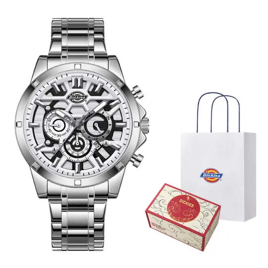 Dickies Multifunction Men's Watch Wrist Watches Quartz Movement Steel Strap White Dial Unisex Mechanical Box
