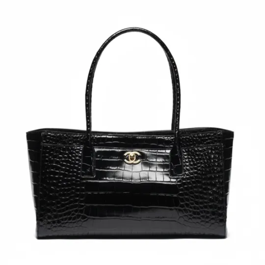CHANEL Chanel 26S Gold Label Double C Logo Сумка-тоут из телячьей кожи с тиснением под крокодила и золотого металла Сумка на плечо Маленькая женская черная