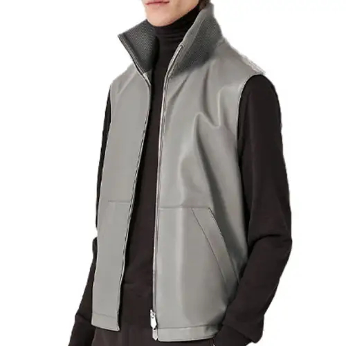 HERMES Vests Men's Gray Stand Collar Moderate Other