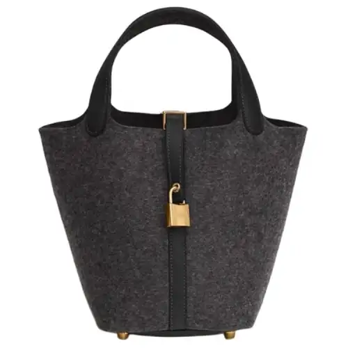 HERMES Picotin Lock Wool With Swift Calfskin Basket Bag, Bucket Bag, Handbag 18 Women's Dark Gray & Black