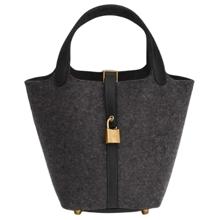HERMES Picotin Lock Wool With Swift Calfskin Basket Bag, Bucket Bag, Handbag 18 Women's Dark Gray & Black