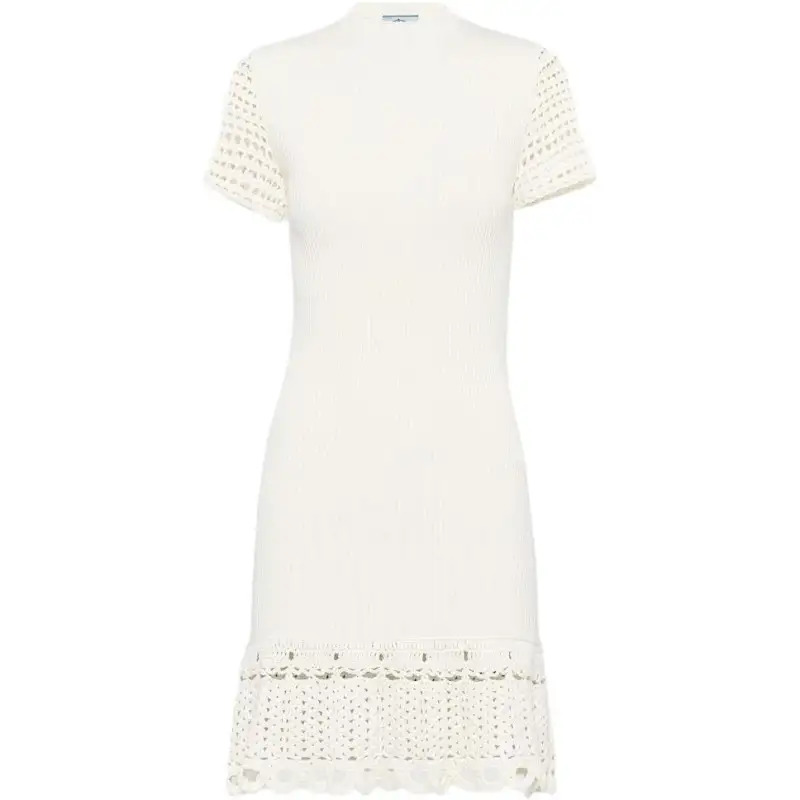 PRADA Short Sleeved Dresses Women's White Crew Neck Moderate Short