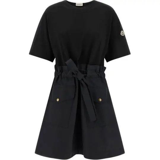 Moncler Moncler лоскутное вязаное платье с короткими рукавами и круглым вырезом для женщин на шнуровке