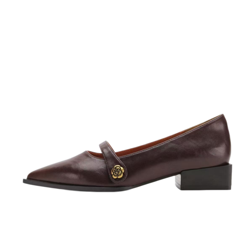 Luji Deer Season, high-end, non-tiring, thick-heeled French single shoes, pointed toe, versatile small leather shoes, Mary Jane women's shoes, loafers, women