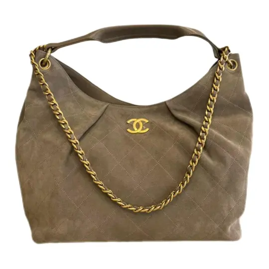 CHANEL Chanel 26C Gold Label Double C Logo Стеганая кожаная цепочка с ромбовидным эффектом из кожи теленка и ягненка Сумка-хобо Сумка Очень большая женская сумка серого и темно-серого цвета
