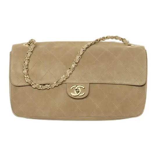 CHANEL Chanel 26S Gold Label Double C Logo Кожаная цепочка с бриллиантами из замши из телячьей кожи и золотистого металла Сумка через плечо Очень большая женская темно-бежевая кожа