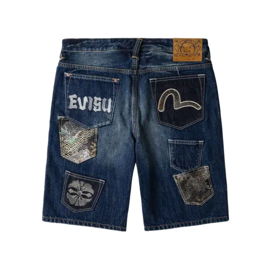 EVISU 2026 весенние мужские джинсовые шорты из парчи в стиле пэчворк с множеством карманов