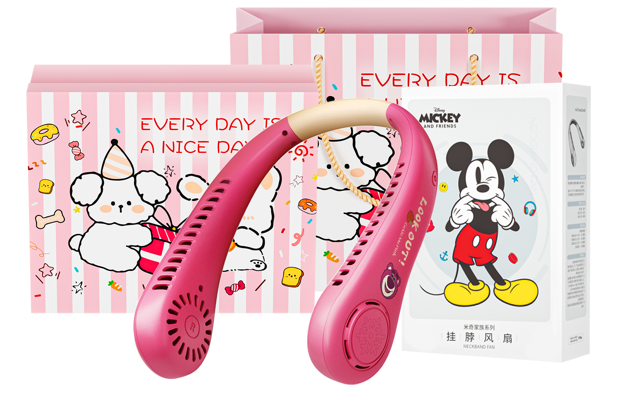 Disney Disney hanging neck fan 360° surround airflow Three-speed turbine bladeless high wind power Dual motors with adjustable angles Silent charging and long battery life Strawberry Bear series Lazy person portable summer dormitory outdoor portable NF400K