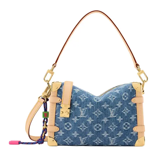 LOUIS VUITTON SIDE TRUNK Джинсовая ткань Золотого цвета Фурнитура с замком Угловой дизайн Съемная красочная висячая ткань Сумка через плечо на одно плечо Средняя женская синяя