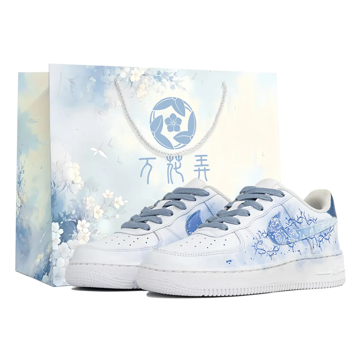 Nike Air Force 1 Wan Hua Nong, Bing Yu, Shopping Bag Abrasion Resistant Low top Skateboard Shoes Unisex White Blue