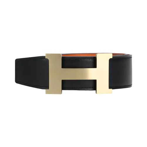 HERMES Calfskin Double Sided Leather Belts Men's Black/Orange Width 3.8cm