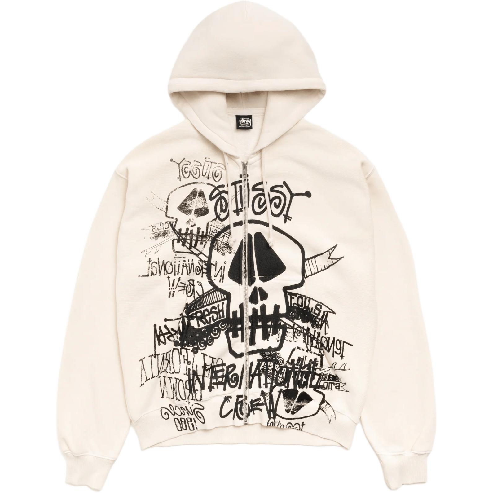 Худи Stussy SKULLS ZIP HOODIE (серое с эффектом стирки)