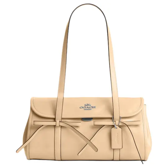 COACH BRIDGET 34, украшение с бантом, гладкая зернистая коровья кожа, сумка подмышки, сумка на плечо, женская сумка большого размера, светло-песочно-желтого цвета