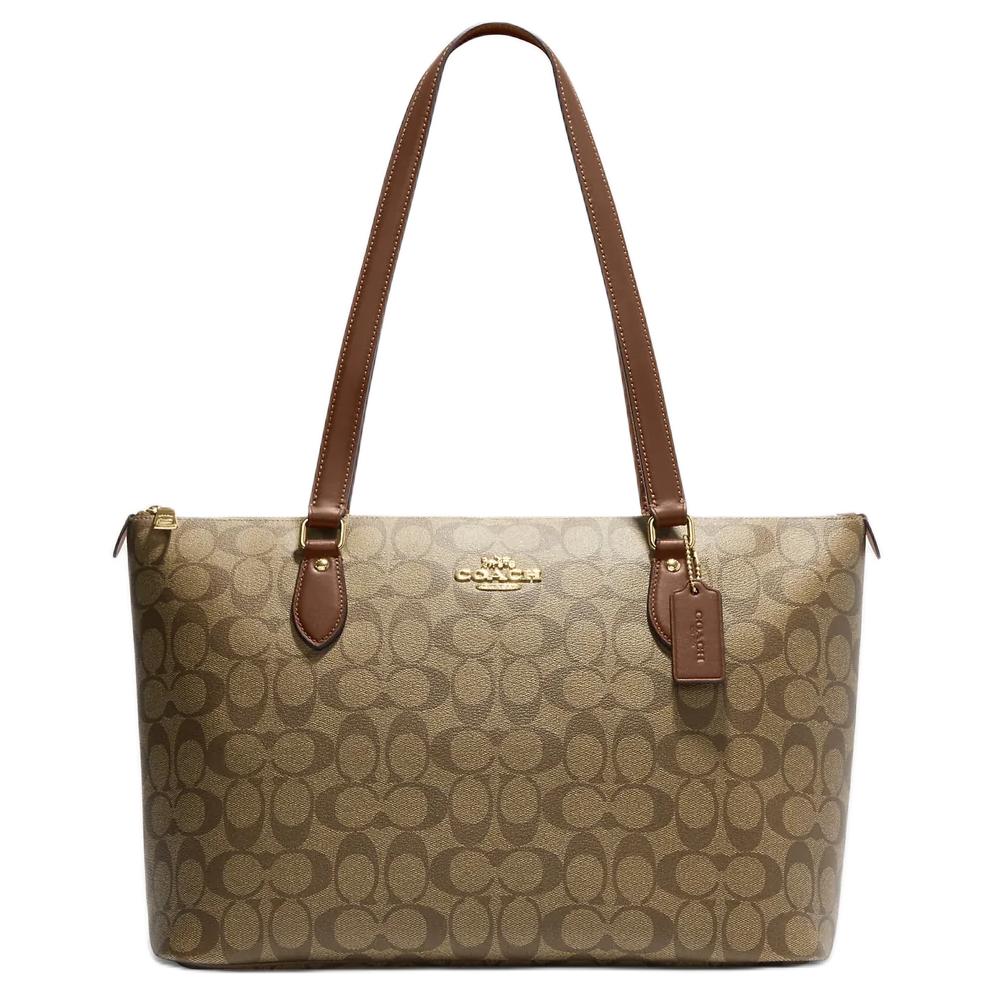 COACH Gallery Coated Canvas With Leather Tote Bag, Shopping Bag, Handbag, Shoulder Bag Large Women's Khaki & White